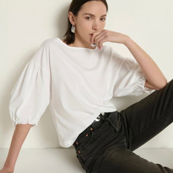 Nation LTD White Drop Shoulder Puff Sleeve Sandra Boatneck Top - Picture 1 of 10